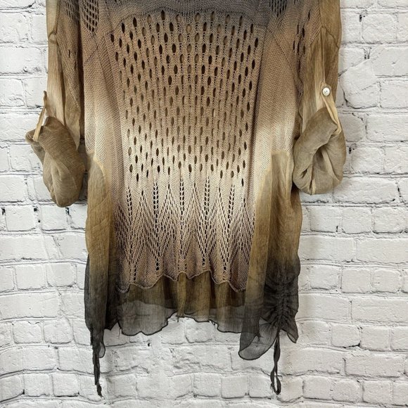 Tempo Paris Brown Ombré Knit Tunic Top Womens Size S Crochet Sheer Drawstring - Picture 5 of 11